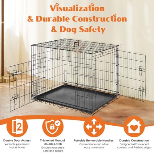 Dog Crate Kennel, 36 Inch Metal Pet Cage Double Door W/Divider Panel, Folding Travel Indoor Outdoor Dog Kennel Leak-Proof Plastic Tray Wire Animal Cage - size: 36.61"L x 22.64"W x 24.21"H