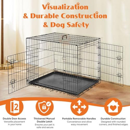 Dog Crate Kennel, 36 Inch Metal Pet Cage Double Door W/Divider Panel, Folding Travel Indoor Outdoor Dog Kennel Leak-Proof Plastic Tray Wire Animal Cage - size: 36.61"L x 22.64"W x 24.21"H