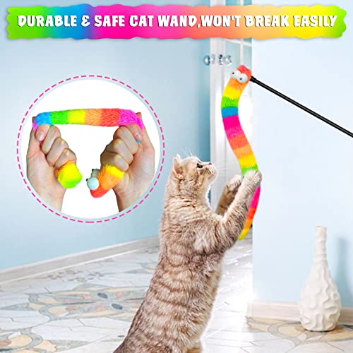 3 Pack Cat Wand Toy, Rainbow Cat Feather Toys with Bells, Teaser Wand with Soft Furry Tail, Interactive Toys for Indoor Cats & Kitten & Kitty - style: Playful