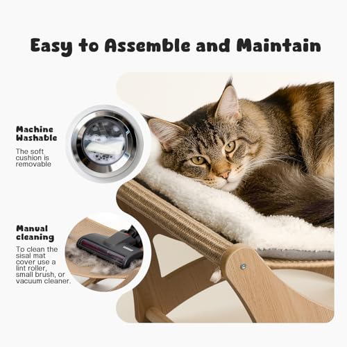 Cat Hammock Bed, Wooden Elevated Cat Beds with Natural Sisal Scratching Mat, Cats Scratcher Bed with Removable Soft Cushion, Cats Scratching Beds with Wood Frames, 22" L x 17.7" W - color: Natural Wood