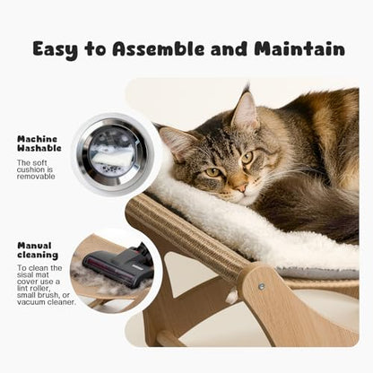 Cat Hammock Bed, Wooden Elevated Cat Beds with Natural Sisal Scratching Mat, Cats Scratcher Bed with Removable Soft Cushion, Cats Scratching Beds with Wood Frames, 22" L x 17.7" W - color: Natural Wood