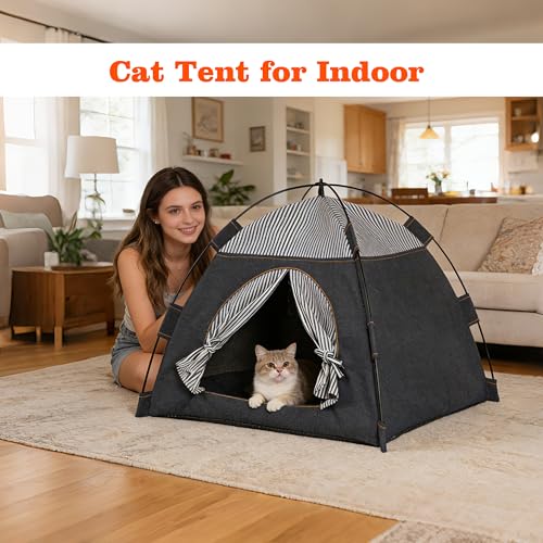 Gigreinc Cat Tent for Indoor & Outdoor - Breathable Mesh with Stylish Denim Plaid Pattern - Portable Cat House, Puppy Tent L Size (22.8×22.8×18.5 Inches) for 12-20 lbs. Pets.