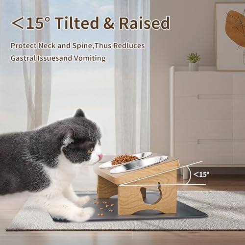 Elevated Cat Bowls, 15° Tilted Raised Cat Food Bowl with Solid Wood Stand & Stainless Steel Dishes, Cat Feeding Station with Silicone Mat, Helps Reduce Vomiting for Cats & Small Dogs(Natural) - color: Natural