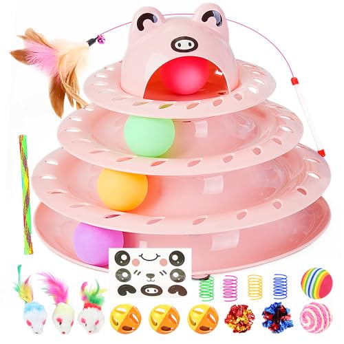 17 Pack Cat Toys, 4-Level Turntable Ball Track Interactive Cat Toy for Indoor Cats, Self Play Fun Roller with Colorful Rotating Ball Puzzle Exercise Kitten Toys Set - color: Light Pink