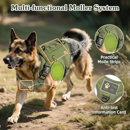 VavoPaw Heavy Duty Tactical Dog Harness for Large Dogs, No Pull Adjustable Pet Harness Reflective Service Training Easy Control Pet Vest Military K9 Working Dog Harnesses, Army Green, L