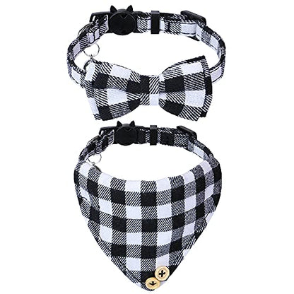 Faleela Cat Collar Bandana Bells Set - 2 Pack Set Cat Collar Breakaway with Cute Bow Tie and Bell, Adjustable from 7.8-10.5 Inch, Soft and Comfortable for Kitty and Some Puppies - color: White and black+bandana