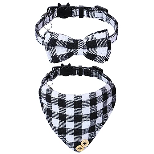 Faleela Cat Collar Bandana Bells Set - 2 Pack Set Cat Collar Breakaway with Cute Bow Tie and Bell, Adjustable from 7.8-10.5 Inch, Soft and Comfortable for Kitty and Some Puppies - color: White and black+bandana
