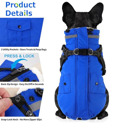 Dog Coat with Harness, Waterproof Warm Dog Winter Jacket with Pockets, Reflective Pet Fleece Jacket Turtleneck Snowsuit for Small Medium Large Dogs - Blue, L - color: Blue, size: Large(Chest:24.8" Back:16.9" Neck:17.7")
