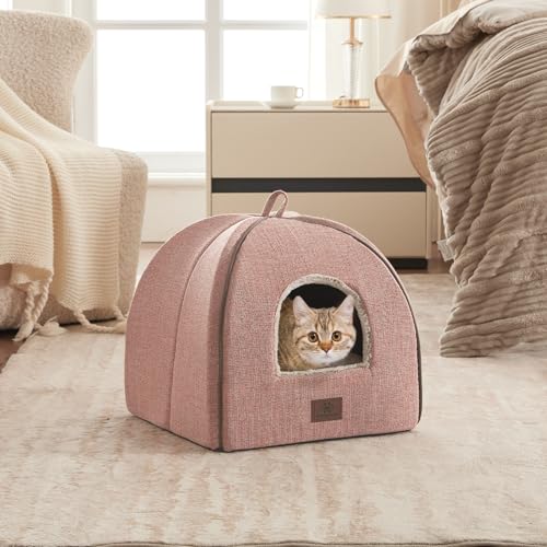 WINDRACING Cat Bed for Indoor Cats - Cats Cave Bed Cat House Cat Tent with Removable Washable Cushioned Pillow, Soft Kitten beds, & Furniture, for Small and Medium Pet Bed - color: Pink, size: M(15 x 15 x 15 Inch)