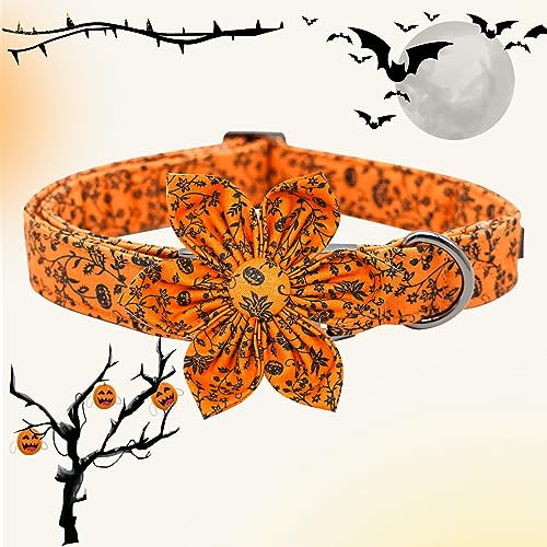 Dog Collar, Halloween Pet Collar with Flower Pumpkin Pet Collar Flower Puppy Collars Cute Adjustable Collars for X-Small Puppy - color: Flower Pumpkin, size: X-Small (Pack of 1)