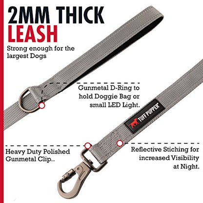 Tuff Pupper Heavy Duty Double Handle Leash | Twist Locking Carabiner Clip | Safety Lock for Strong Dogs | Reflective for Safe Night Walks | 6 Foot Leash | For Medium & Large Dogs - color: Steel Grey