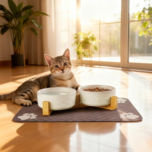 Dog Bowls Set with Wood Stand & Mat Waterproof, 1.5 Cups Ceramic Dog Bowls Elevated for Small Dogs, Dual Food and Water Bowls with Weighted Non-Slip Base 13.5 OZ - size: S-1.5 Cups