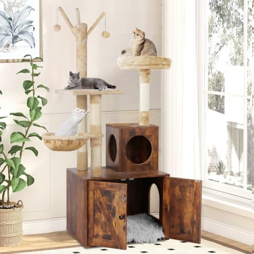 Timberer Cat Tree Tower with Litter Box Enclosure, 2-in-1 Wooden Cat Condo with Sisal Scratching Post, Hammock, Brown - color: Brown