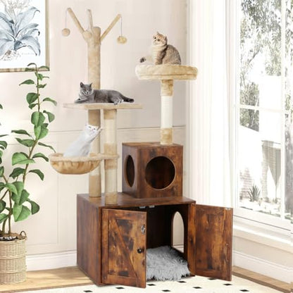 Timberer Cat Tree Tower with Litter Box Enclosure, 2-in-1 Wooden Cat Condo with Sisal Scratching Post, Hammock, Brown - color: Brown