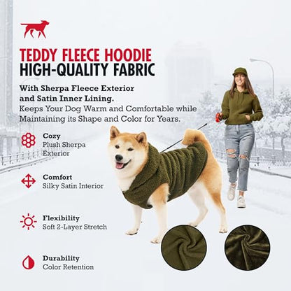 Tuff Pupper Fleece Dog Hoodie Sweater | Teddy Sherpa Outer & Soft Polar Fleece Lining | Adjustable Fit Winter Coat with Hood, Leash Hole, Ribbed Cuffs | for Small Medium Large XL XXL Dogs (Olive, XS) - color: Olive, size: 10-15 lbs (X-Small)