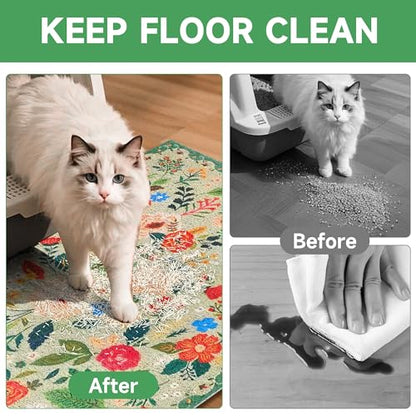 Cat Litter Mat, 35" x 23" Litter Box mat, Upgrade Non-Slip Kitty Litter mat, Traps 100% Litter, Soft on Kitty Paws, Easy Clean for Scatter Control, Bohe cat Food mat, Urine Waterproof - color: Green Garden, size: Large（35"x23"）