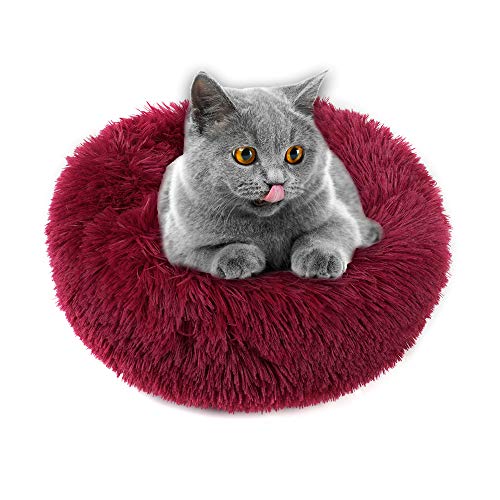 otoez Kitten Puppy Bed Extra Small XS Round Dog Cat Beds Anti Anxiety Plush Pet Calming Donut Bed with Non-Slip Waterproof Bottom, Washable (15.7", Dark Red) - color: Dark Red, size: 15.7"