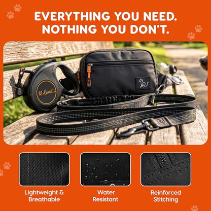 Retractable Hands Free Dog Leash with Zipper Storage Pouch - 3-Piece Bungee Running, Walking & Hiking Leash with Waist Belt - Release Clip, One Button Lock - Reflective Stitching for Medium Large Dogs - color: Q-Leash 3-Piece