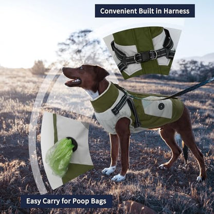 IECOii Dog Coat with Harness Built in - Green, Large - Waterproof Winter Coat, Fleece Lined Snow Jacket for Dogs - color: Army Green, size: Large(Chest:24.4 in)
