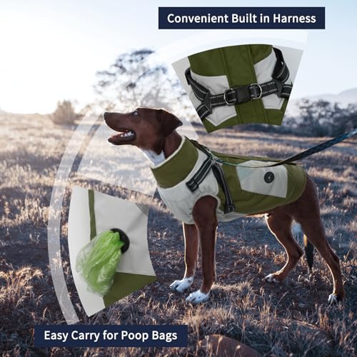 IECOii Dog Coat with Harness Built in - Green, Large - Waterproof Winter Coat, Fleece Lined Snow Jacket for Dogs - color: Army Green, size: Large(Chest:24.4 in)