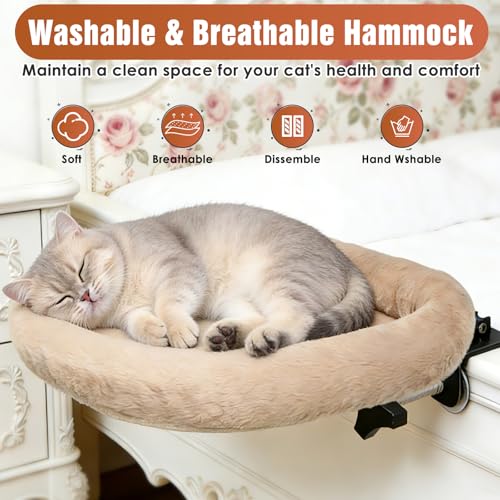 IPOW Heavy Duty Steel Frame 180°Rotating Cat Bedside Bed Semi-Circular Cat Bed for Bedside, Soft Faux Rabbit Fur Material, Suitable for Various Desktops-Maximum Hold Up to 40lb - color: brown