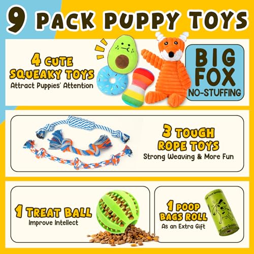 Zeaxuie 9 Pack Luxury Puppy Toys for Teething Small Dogs, Puppy Chew Toys with Cute Squeaky Dog Toys, Ball and More Rope Dog Chew Toys - color: 9 Pack (No-stuffed Fox)