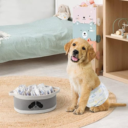 Small Dog Toy Basket, Cotton Rope and EVA Puppy Toy Bin with Cute Dog Print, Pet Toy Storage Box for Living Room Nursery, Decorative Woven Storage Pet Gift Basket Empty, 13”x9”x5”