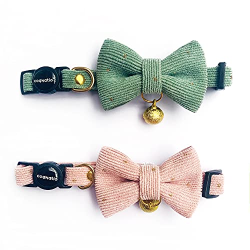Safety Quick Release Cat Collars, Soft Kitten Collars with Detachable Bow Tie and Bell, Pack of 2, Adjustable 20-30 cm - color: Green+Pink