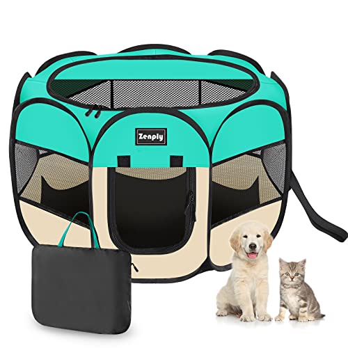 Portable Pet Dog Playpen, Pet Playpen Foldable Extra Heavy Duty Pop Up No Assembly Kennel Tent Crate Indoor Outdoor with Shade Ventilation Mesh for Small Dog, Kitten, Cat, Rabbit (Turquoise) - color: Turquoise