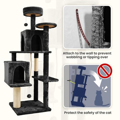 58.5inch Large Cat Tree Tower Condo for Indoor Cats, Soft Plush Multi-Level Climbing Tree Cat House, Scratching Post, More Entrance/Exit, Sisal Rope, Black - color: Black