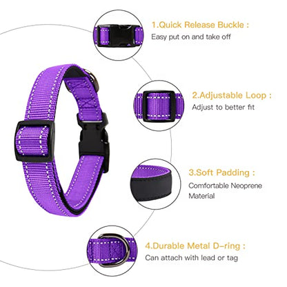 HEELE Dog Collar, Reflective Dog Collar, Soft Neoprene Padded Breathable Nylon Pet Collar Adjustable for Small Dogs, Purple, S(10.23-14.96") - color: Purple, size: Small (10.23-14.96")