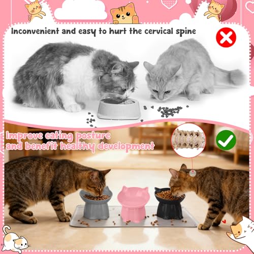 3 Pcs Elevated Cat Bowls 15°Raised Cat Food Bowl with Silicone Mat Whisker Friendly Anti Vomiting Cats Dishes Pet Food and Water Bowls for Indoor Cats Kittens Classic Pink, Grey, Black Pink, Grey, Bla - color: Pink, Grey, Black