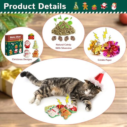 Retro Shaw Christmas Cat Toys, Xmas Catnip Toys for Indoor Cats Kitten Teeth Cleaning, Crinkly Interactive Cat Chew Nip Kitty Kicker Toy Santa Claus Trees Snowman, 5 Pack - size: 3.0 Inches