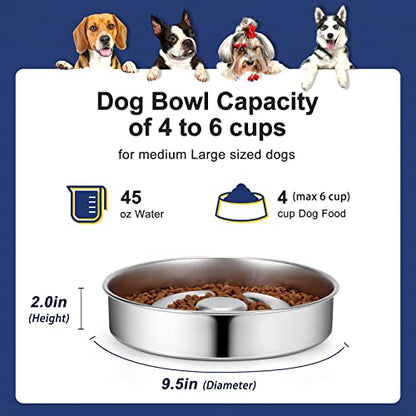 AIPERRO Stainless Steel Non Slip Slow Feeder Dog Bowl, 4 Cups Metal Dog Food Bowls for Medium and Large Dogs, Fun Bloat Stop Pet Bowl Dogs Water Bowl for Fast Eaters, Slows Down Pets Eating - size: 4 Cups/ 2.0" Deep (Max 6Cups)