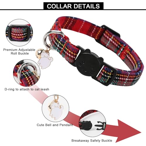 Unique style paws 2 Pack Christmas Kitten Collar Breakaway with Bell & Pendant, Adjustable Safety Cat Cotton Collars for Girl Boy Cats and Small Pets - color: Scottish & red green grid