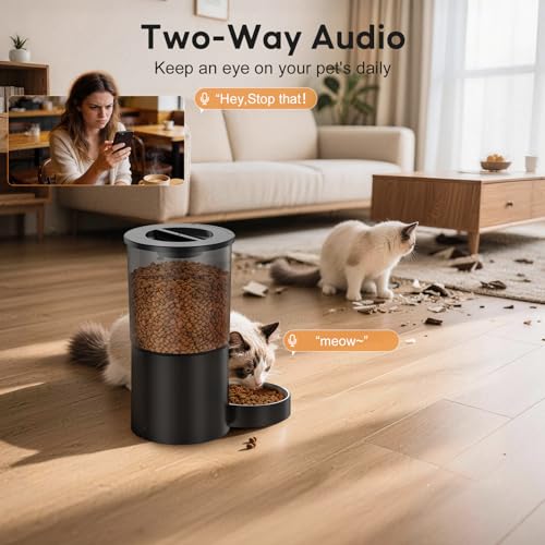 Miaosical Automatic Cat Feeder with Camera,WiFi Cat Food Dispenser with App Control,1080P HD Video,Two-Way Audio, Transparent 4.2L Food Container (Black) - color: Black