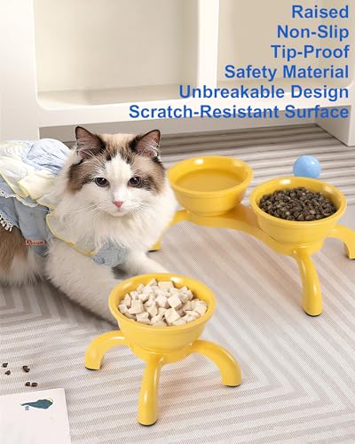 Raised Cat Bowl with Anti-Ant Hollow Base, Detachable Melamine Elevated Cat Bowls, Anti-Vomiting Whisker Friendly Cats Dish for Food, Stable & Non-Slip Cats Food Bowl, Dishwasher Safe - color: Yellow, size: Double