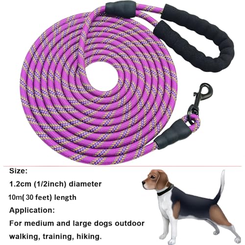 30ft Long Dog Leash, 6/8/10/15/20/30 FT Dog Lead Recall Training, Soft Padded Handle Thick Nylon Rope Leash for Large Medium Dogs Pets (30ft * 1/2", Purple) - color: purple, size: 1/2" * 30'