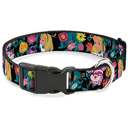 Cat Collar Breakaway Alice Cheshire Cat Flowers Poses Black Multi Color 9 to 15 Inches 0.5 Inch Wide - size: 1/2" Wide - Fits 9-15" Neck - Large