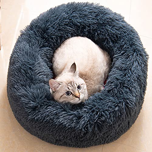 Cat Beds for Indoor Cats - Small Dog Bed Washable 24 inches, Anti Anxiety Round Fluffy Plush Faux Fur Pet Bed, Thick Bottom (Dark Grey, Large 24" L x 24" W) - color: Dark Grey, size: Large 24"L x 24"W
