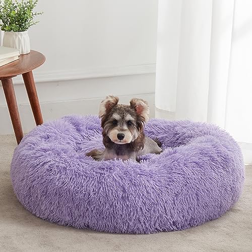 WESTERN HOME WH Calming Dog Bed & Cat Bed, Anti-Anxiety Donut Dog Cuddler Bed, Warming Cozy Soft Dog Round Bed, Fluffy Faux Fur Plush Dog Cat Cushion Bed for Small Medium Dogs and Cats - color: Purple, size: 27.0"L x 27.0"W x 8.0"Th
