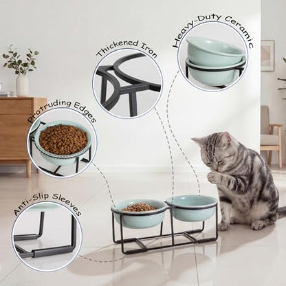 Ceramic Elevated Dog Bowl Set - Double Dog Food and Water Bowls with Metal Stand - Raised Pet Dishes for Puppies and Cats - 2 Cups - 12.5 fl oz - Green - color: Green, size: S-200ml