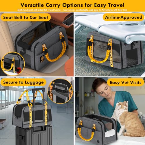 PAWZIDEA Center Console Dog Car Seat, Enclosed Small Dog Armrest Booster Carseat, Secure Straps &Anti Slip, Portable TSA Approved Puppy Pet Carrier Soft-Sided, Removable Pillow Storage Pocket, up 12lb - color: Mid-Hemp Grey