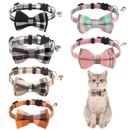 6 Pcs Cat Collar Breakaway with Bow Tie and Bell Kitten Collars Removable Bowtie Plaid Cat Collar for Cats Kittens Puppy (Classic) - style: Classic