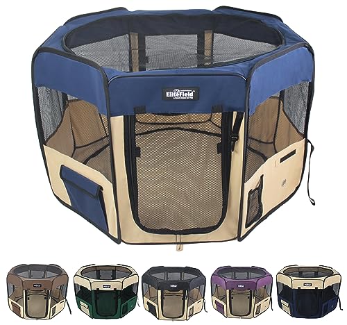 EliteField 2-Door Soft Pet Playpen (2 Year Warranty), Exercise Pen, Multiple Sizes and Colors Available for Dogs, Cats and Other Pets (36" x 36" x 24"H, Navy Blue+Beige) - color: Navy Blue+Beige, size: 36" x 36" x 24"H