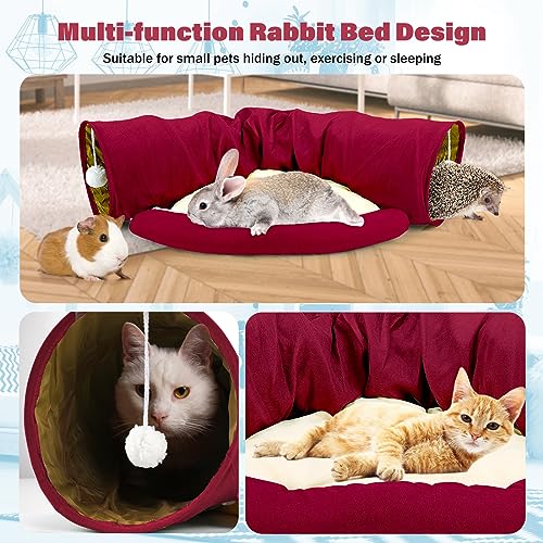 BWOGUE Bunny Tunnel Bed, 2-in-1 Collapsible Tunnel Tubes Toys with Removable Mat Hideout for Cats Kittens Rabbits Guinea Pigs Kitty - color: Red