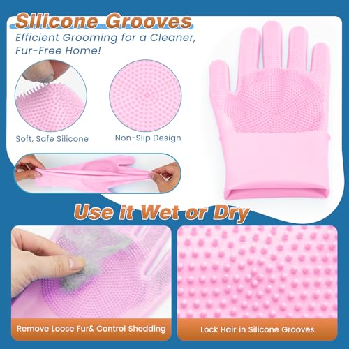7-Piece Pet Grooming Kit with Storage Bag | Portable Bathing Set for Dogs & Cats | Includes Silicone Gloves, Deshedding Brushes & Finger Toothbrushes | All-in-One Pet Care (Pink) - color: Cherry Blossom Pink