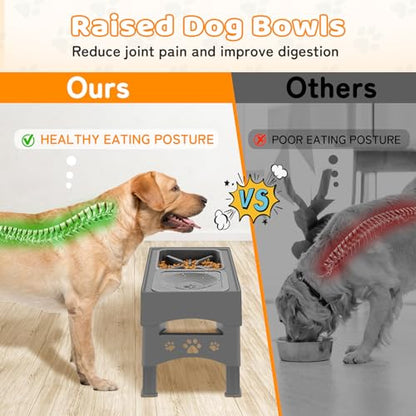 Elevated Slow Feeder Dog Bowls with No Spill Water Bowl, Raised Bowl for Large Medium Small Dogs, Food Stand Splash Guard, 4 Heights 3.7'', 8.5'', 10.1'', 11.7'', Grey (GW03)