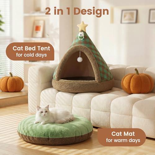 Jiupety Cat Tents for Indoor Cats,Cat House with Removable Washable Cushioned,2-in-1 Cat Cave Tent with Anti-Slip Bottom Ultra-Soft Pet Tent for Cats and Small Dogs,Green 23.6In - size: Large