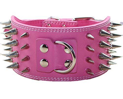 3" Sharp Spiked Studded PU Leather Dog Collar for Training,Sports,Walking,Medium,Large,X-Large,for Pitbull,Labrador,Boxer (L, Hot Pink) - color: Hot Pink, size: L